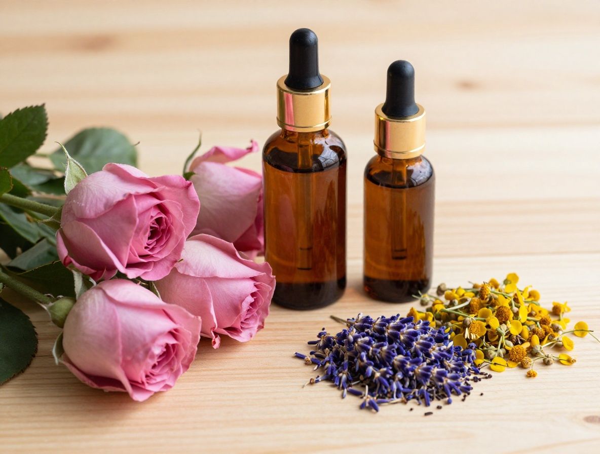 Auswahl botanischer Zutaten für Kosmetik: getrocknete Rosenblüten, Lavendel, Kamillenblüten und ätherische Öle auf einer Holzoberfläche mit warmem natürlichem Licht