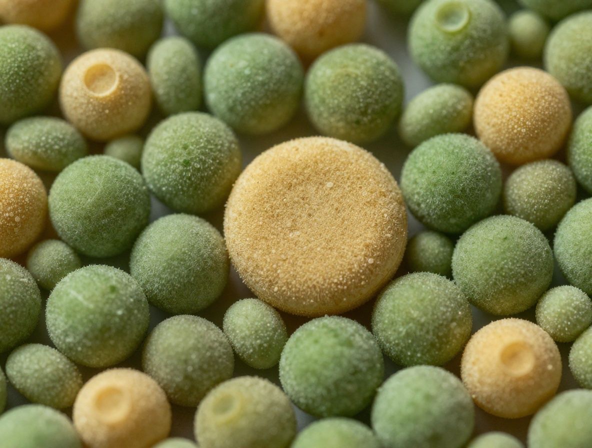 Abstrakte Nahaufnahme von biologischen Zellstrukturen unter Lichtmikroskop, runde Formen in Grün- und Goldtönen auf dunklem Hintergrund